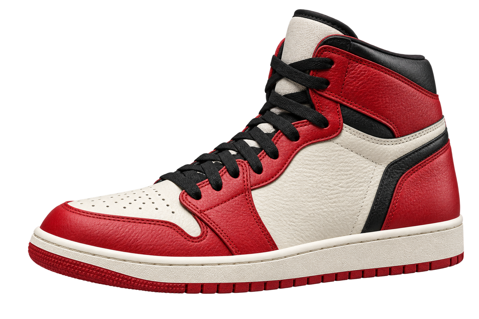Détail d’une Air Jordan rouge, noire et blanche